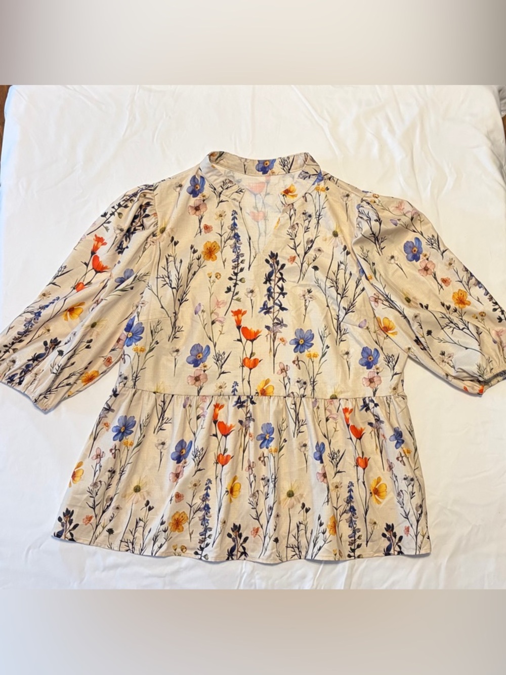 Floral Peplum Blouse in Cream with Blue & Orange Blooms